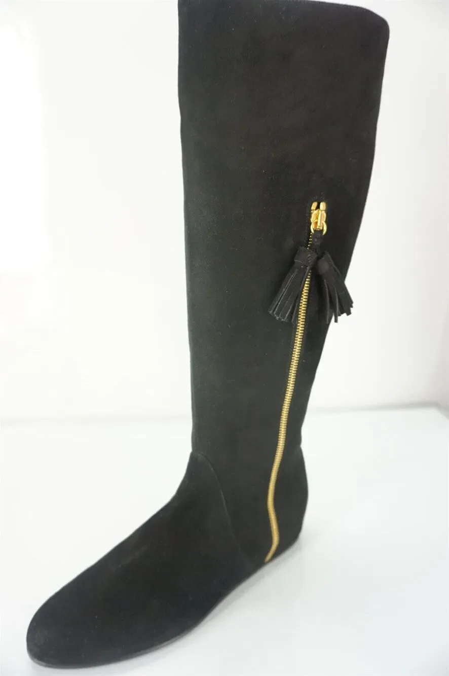 Stuart Weitzman Tass black suede wedge Tall boots size 6.5 New $635 gold zip